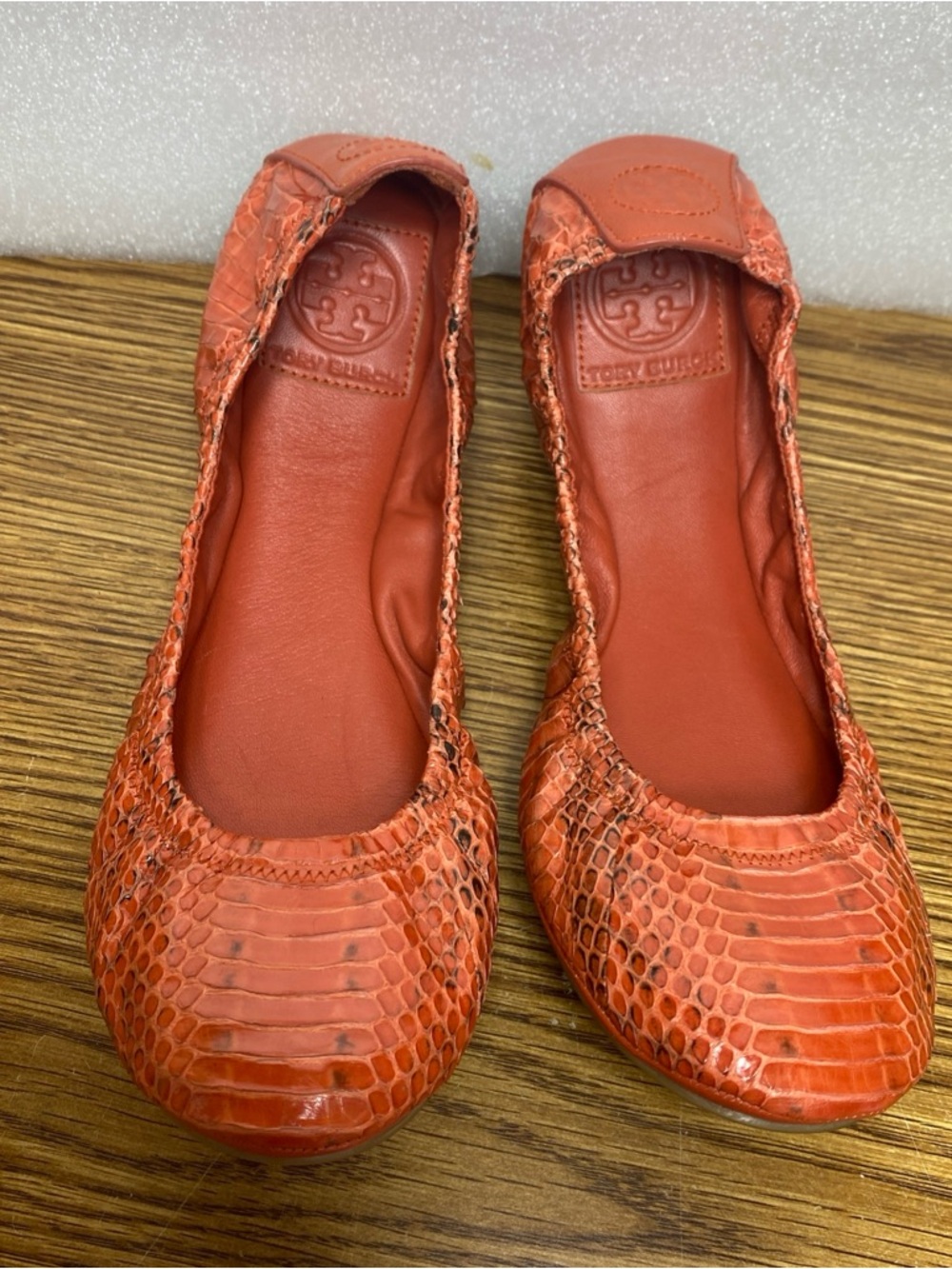 Tory Burch Orange Snake-Embossed Leather Ballet Flats Womens 9